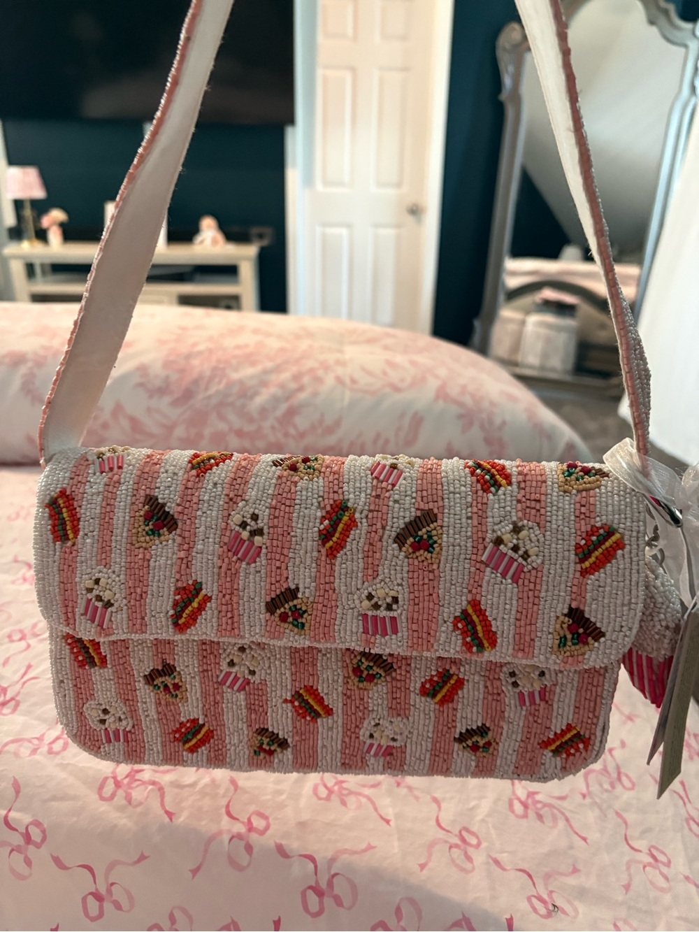 Pink Beaded Shoulder Bag with Cupcake Motif
